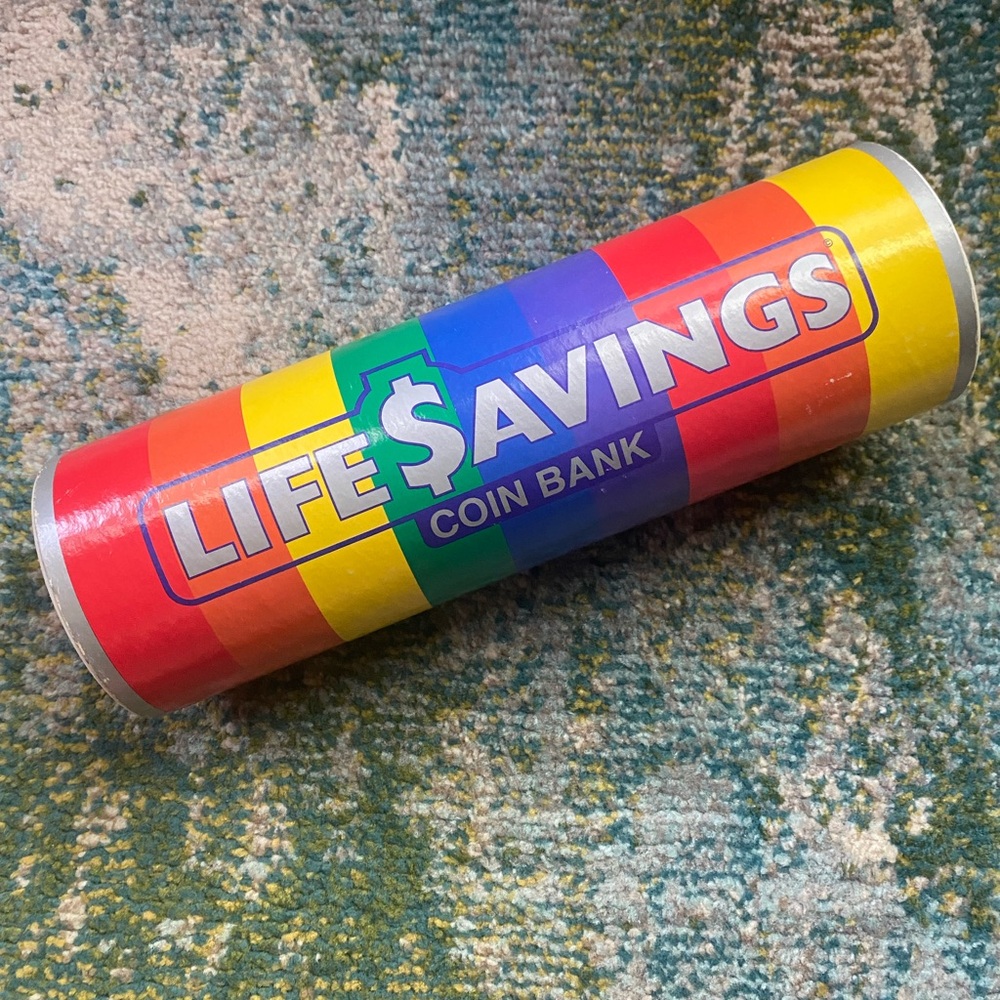 Vintage RalphCo 1989 Life Savers rainbow striped 12” coin bank, kids toys